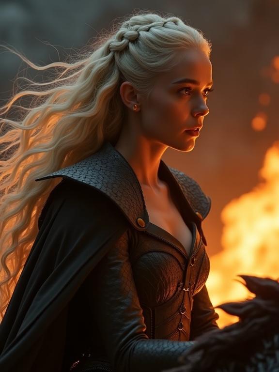 Ultra-realistic close-up of a female character with platinum blonde hair and fierce expression. Background features a dragon breathing fire. Shadows and lighting create an intense atmosphere. Smoke and embers present. Dark fantasy vibe with photorealistic detail.