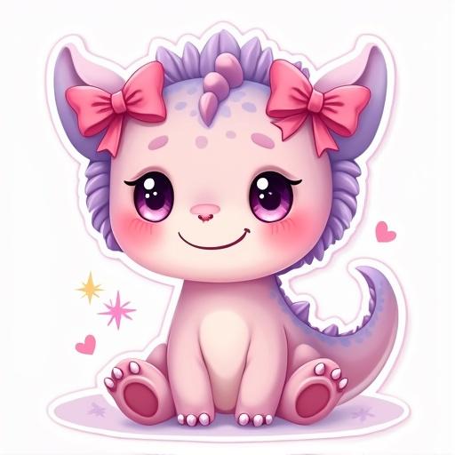 Kawaii baby dinosaur in pastel colors. Scales are pink and lavender. Hair styled in fluffy pigtails with pink bows. Features anime-style eyes and a sweet smile. Soft background with sparkles. Cute sticker illustration.