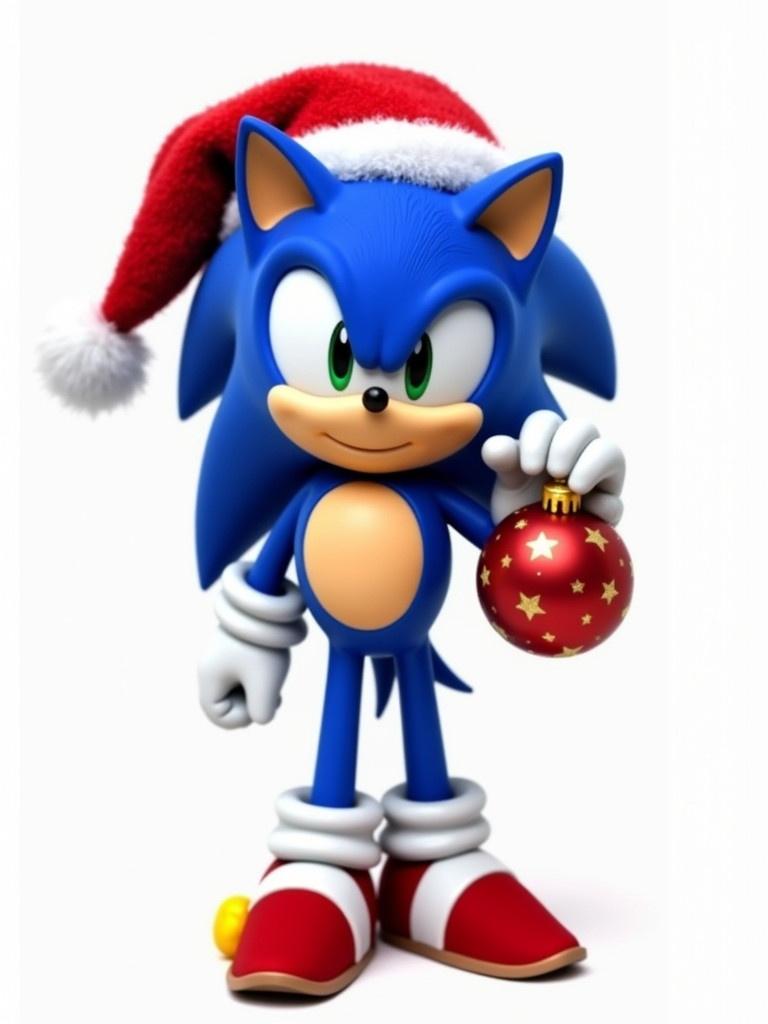 Sonic the Hedgehog dressed in Christmas attire. Sonic wears a festive red hat. He smiles while holding a Christmas bauble. The background is plain white to emphasize the character. The bauble is red with white details.