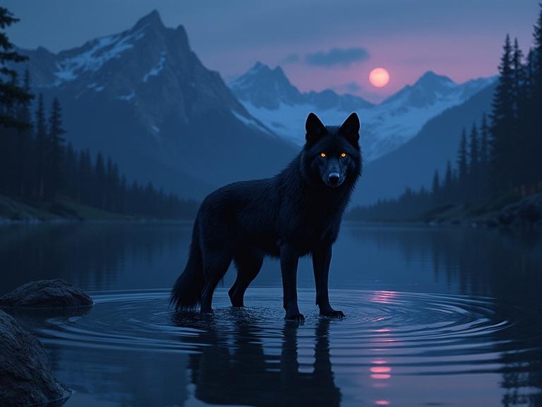 A powerful depiction of a black wolf in the still waters of a mountain lake under twilight. The wolf stands confidently with bright eyes, surrounded by ancient mountains and a dreamlike sky, conveying mystery and strength.