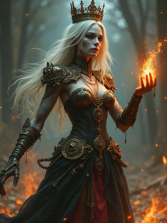 Animated female character represents corrupted royalty with pale cracked skin. Character glows with cursed energy. Wears tattered ornate royal garments. Features corrupted armor with floating crown fragments. Surrounded by a dark aura while wielding decay magic.