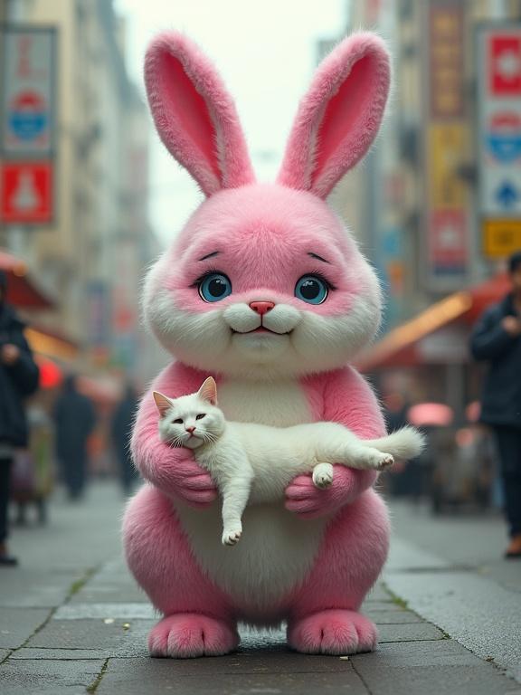 Vibrant image of a large pink and white rabbit. Rabbit has a crying face. Rabbit holds an injured white cat. The setting is a bustling street. Background features shops and lights.