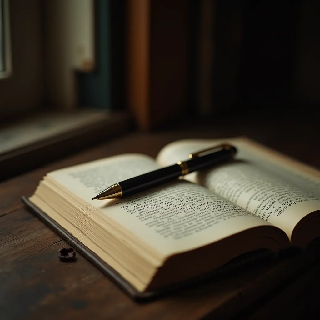 A pen resting on an open book placed on a wooden surface near a window.