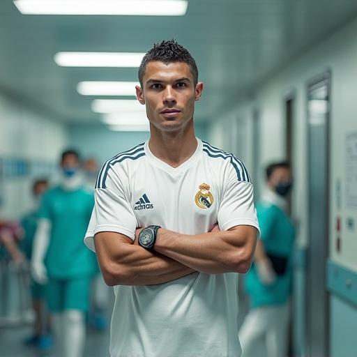 Cristiano Ronaldo in a hospital setting. Wearing a sports outfit and a watch. People in the background wear medical scrubs.