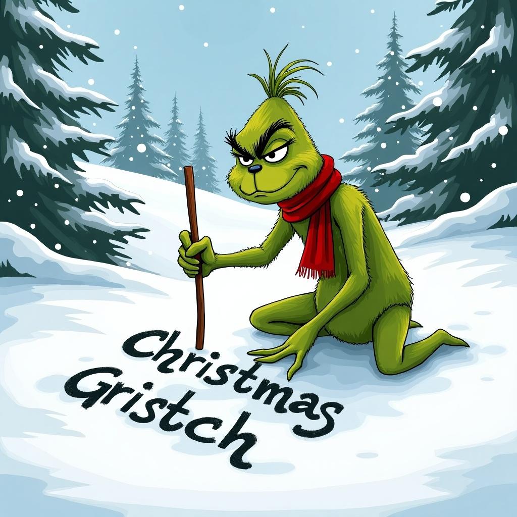 Grinch character writes name in snow. Snow-covered hills and evergreen trees appear in background. Grinch is green and wears red scarf.