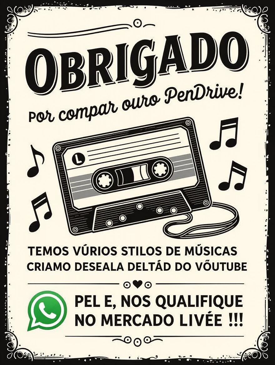 A black-and-white ink-style thank you card features vintage elements. The message thanks the customer for their PenDrive purchase. Offers various music styles and video clips. Request for a rating on Mercado Livre included. Retro graphics of music notes and cassette tapes. WhatsApp icon displayed with a phone number.