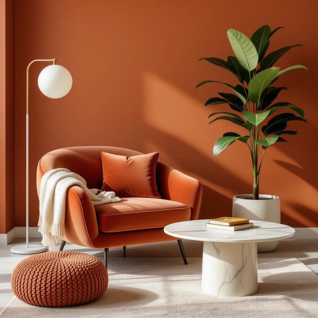 Cozy modern interior features a terracotta color palette. A rounded armchair upholstered in terracotta velvet against a terracotta wall. Chair displays white and terracotta cushions plus a throw blanket. A knitted pouf in a darker terracotta shade on a beige carpet. Foreground has a white marble coffee table with soft edges. Next to the chair is a matte terracotta floor lamp. A large potted tree with glossy green leaves completes the scene. Soft lighting from the left creates calm shadows and highlights textures.