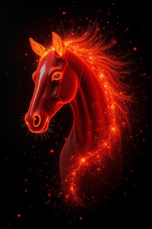 Abstract representation of a red horse surrounded by fiery sparks on a black background.