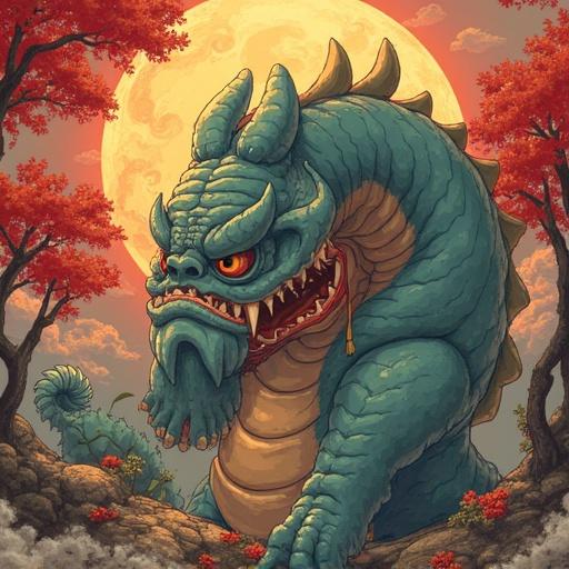 A large blue mythical creature with mechanical claws stands amidst red trees under a bright moon. Its fierce expression and detailed scales are visible. The setting is vibrant and colorful.