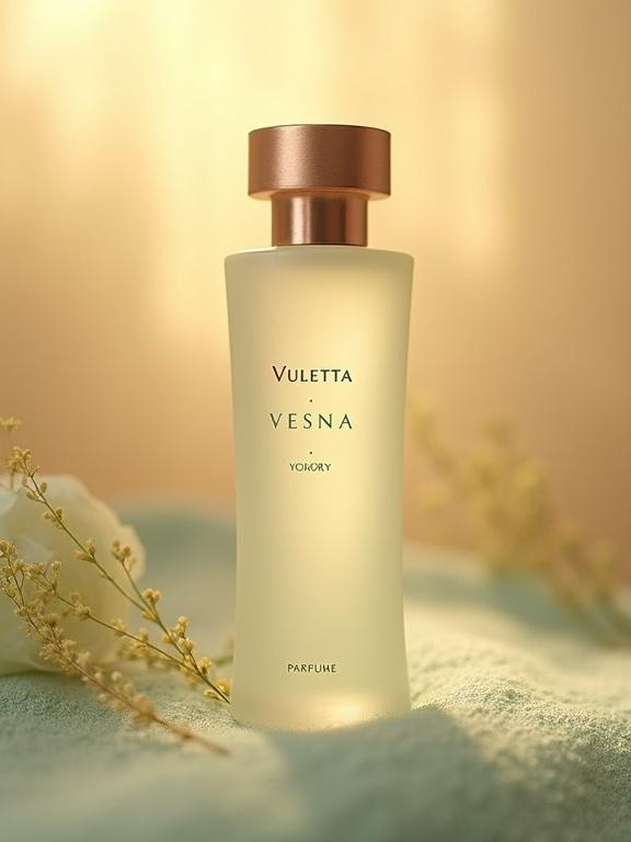A slim curved bottle design for niche perfume. Frosted glass with brand name VULETTA in small bronze typography and FEMME collection beneath. Fragrance name VESNA in large pale forest green script and PARFUME below. Topped with brushed rose-gold cap. Sun-drenched Adriatic dawn background with gentle mist. Light stone, pale green, warm dawn gold colors. Soft diffused light and natural textures.
