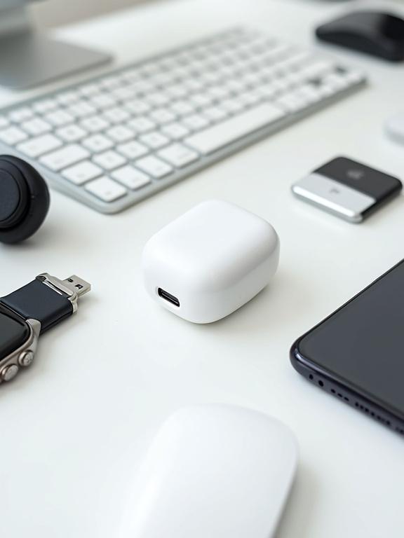 High-quality photo of everyday tech gadgets arranged neatly on a white desk. Items include headphones, USB stick, smartwatch, keyboard, and smartphone. Soft natural lighting creates realistic shadows. No text or logos visible. Designed for tech quiz cover.