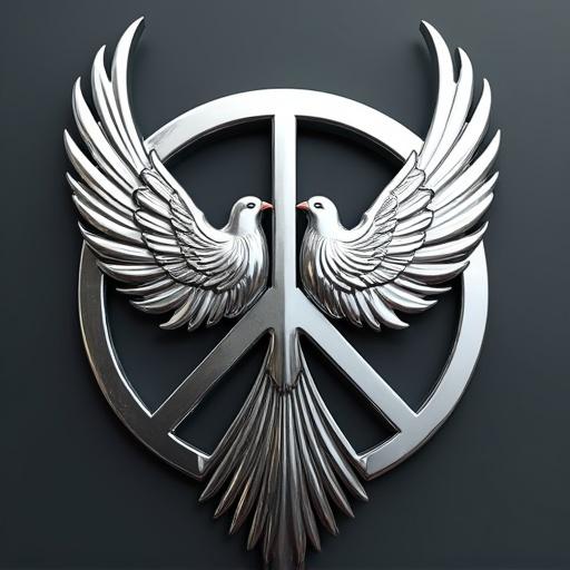 Create a brand logo featuring doves of peace in a hyperrealistic and hyperdetailed style with a metal chrome appearance.