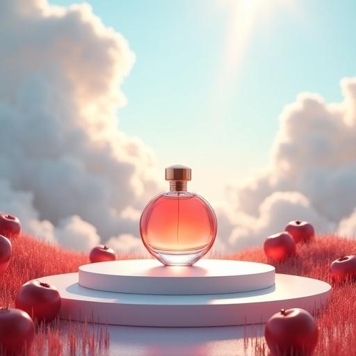 A luxury perfume bottle displayed on a round white stone podium. It is surrounded by floating red apples and soft glowing clouds. The scene is a surreal garden in the sky during magical daylight. The bottle is at the center of the podium, with sunbeams shining through clouds. Floating red apples are resting on pastel grass and some glow subtly. The clouds swirl gently in the blue sky. The perfume bottle is softly illuminated casting reflections on the podium. The composition has a dreamy and poetic feel.