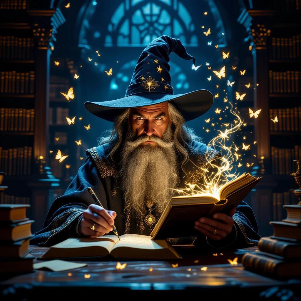 Dimly lit grand library filled with towering shelves of ancient books. Wizard with long beard and starry hat focused on spellbook. Pages illuminated by warm glow. Piercing gaze and furrowed brow. Scribbling with quill. Ethereal streams of light and shimmering butterflies in the air. Rich textures and deep shadows create atmospheric composition. Ornate wooden table reflects world of arcane secrets. Spellbinding mood merges scholarly and magical realms.