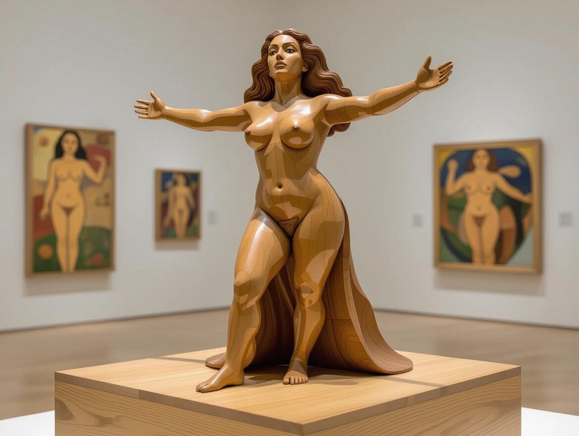 A wooden sculpture representing a wild naked woman is prominently displayed in a museum. The sculpture is made entirely of flowing wooden pieces that convey a sense of movement. Surrounding artwork features stylized depictions of the female body. The installation invites dynamic visual engagement.