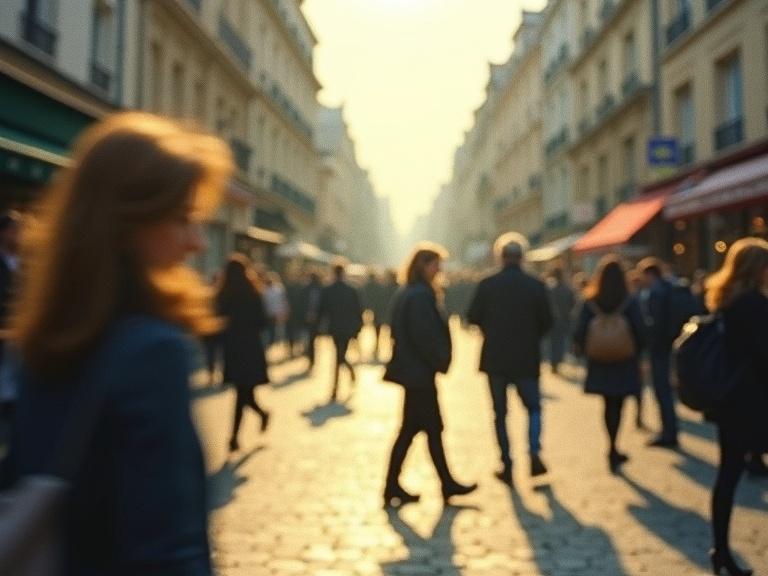 A bustling Paris street with moving figures. Natural blur and soft grain give an impressionistic feel. Warm sunlight reflecting off city elements. Captures a dreamlike moment typical of Paris. Evokes nostalgia and fleeting memories. Instant film photography effect with gentle focus.