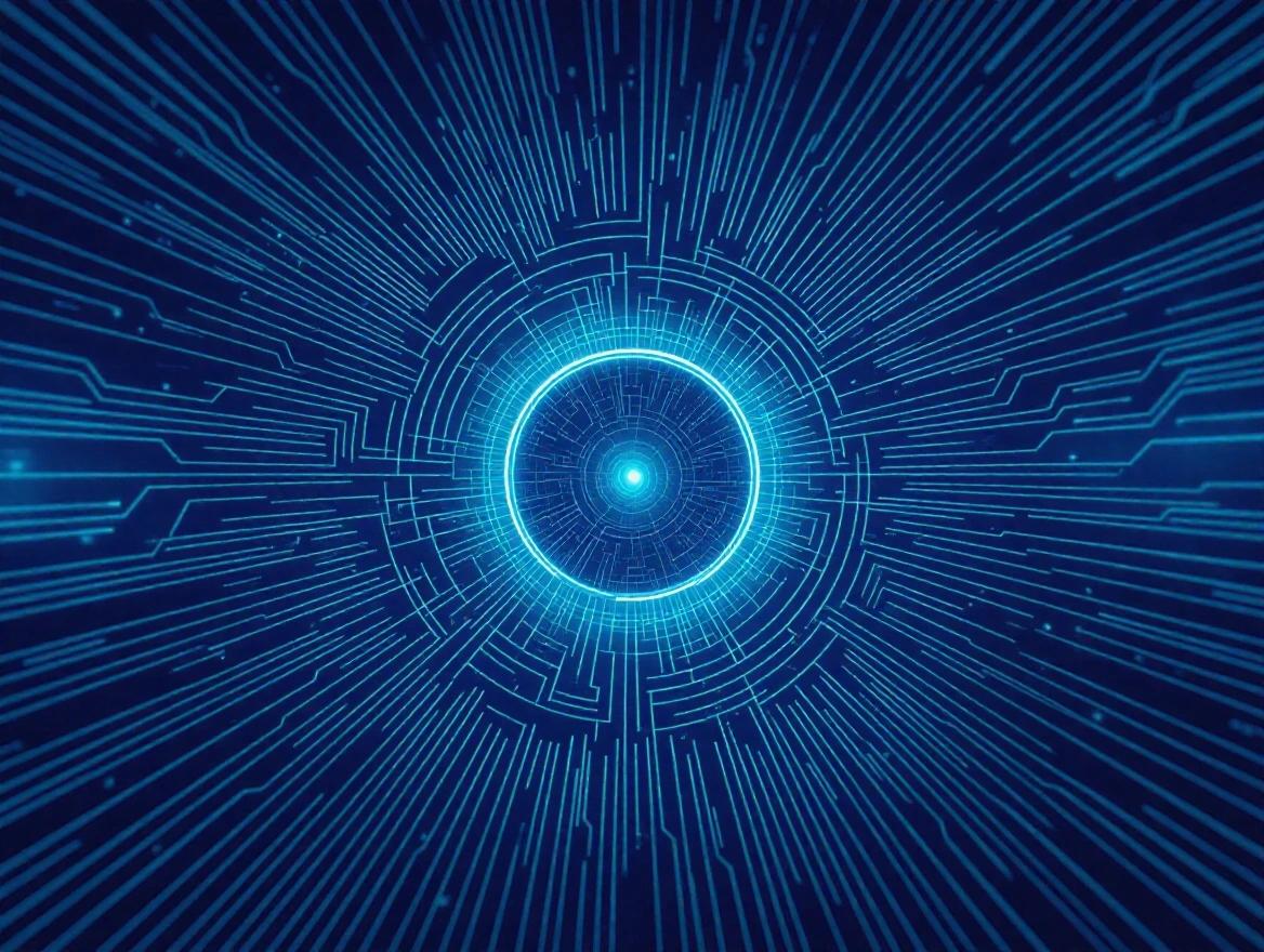 Abstract digital art piece featuring dynamic circular energy flows. Central focus is a radiant, glowing circle with streams of bright cyan light. Background is dark, matte blue. Style is sleek and futuristic.