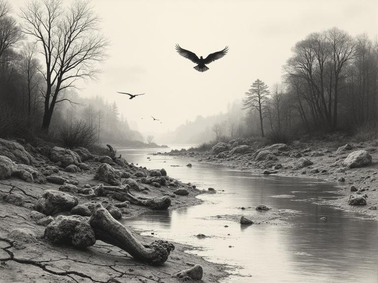 Bleak riverbed after rain with dinosaur bones and muddy water. Pterosaurs reflected in the sky. Charcoal drawing with rough shading and smeared textures. Jurassic period theme evokes a solemn atmosphere.