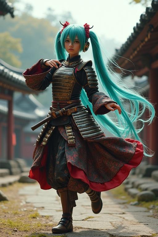 Hatsune Miku dressed in samurai armor. Character performing dance in an ancient Japanese village backdrop.