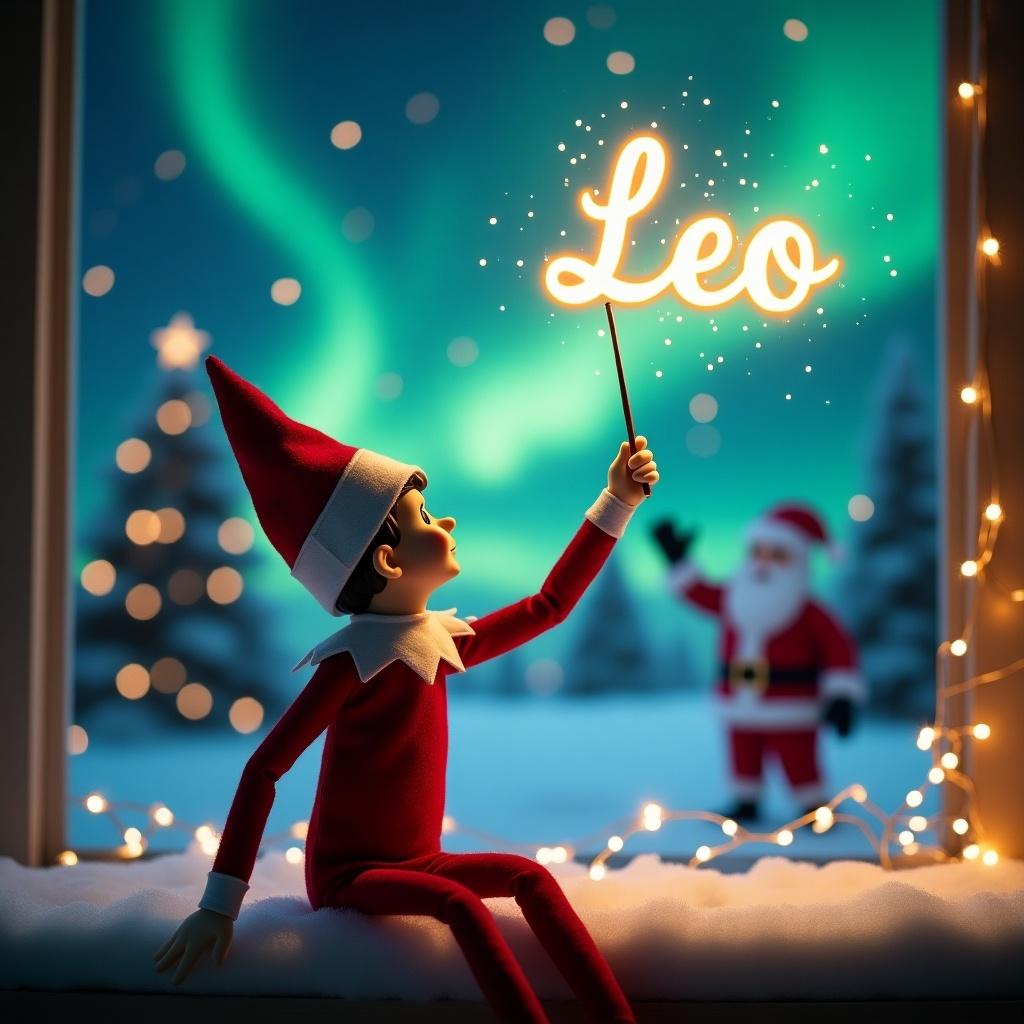 An enchanting Christmas scene features an elf on the shelf, delightfully dressed in red and white. The elf is positioned with its back to the viewer, gazing upwards in awe. In one hand, he wields a magic wand, creating sparkling effects. The glowing name 'Leo' is magically scripted in the air. Behind, the northern lights dance vibrantly across the night sky. Santa Claus is seen waving joyfully, enhancing the festive atmosphere. The entire scene embodies the spirit of Christmas, evoking joy and wonder in all who view it.