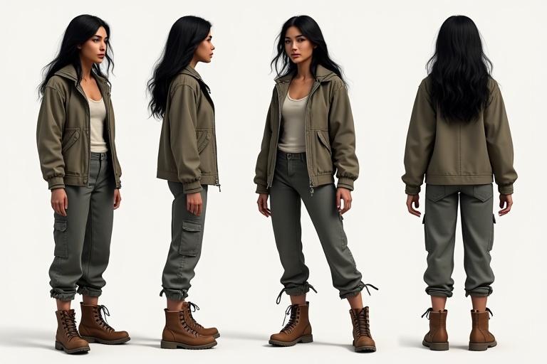 Highly detailed character turnaround sheet featuring confident young woman in her late-30s. She has South American native skin tone and black eyes. She wears a ragged jacket with loose combat pants and hiking boots. The character is shown from front, side, three-quarter, and back views.