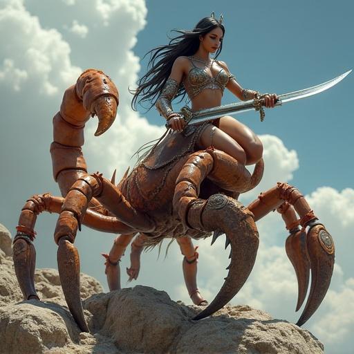 A goddess rides a giant scorpion. She wears shiny scorpion-inspired armor with claws on her shoulders and a stinger crown. She has flowing hair and a serious expression. She holds two crossed daggers. The scorpion is colossal with long legs and a curved tail. The scene shows movement as if she leaped from the sky. The style is semi-realistic and detailed.