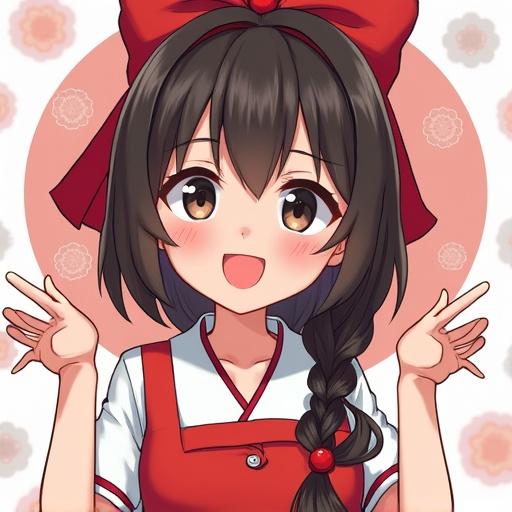 Anime character with a cute expression wearing a red bow and a bright outfit. Joyful pose with hands raised.