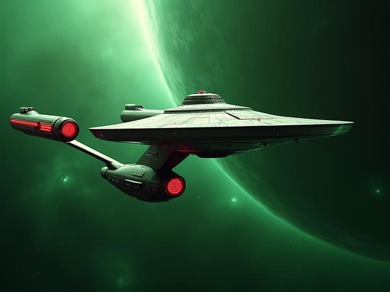 A starship resembling those in science fiction, positioned in orbit around a green planet. The ship features a sleek design with red lights.