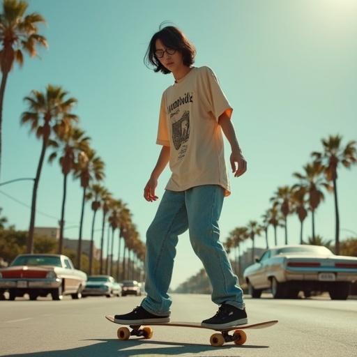 White Caucasian male wearing graphic tee and baggy jeans rides skateboard in Orlando. Palm trees line street with vintage cars passing by. Cinematic atmosphere captures urban skateboarding culture.