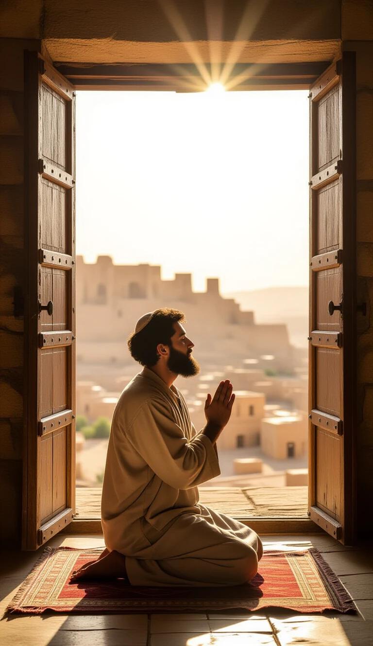 Man kneels in prayer inside a room. Open window shows Babylonian landscape. Sunlight streams through. Simple clothing worn. Expression shows deep faith.