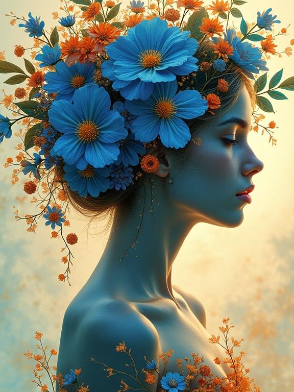Double exposure of a nude woman's profile and a bouquet of blue flowers with coral accents. Intricate swirling patterns in the background. Artistic style reminiscent of Mucha and Art Nouveau. High resolution with sharp and soft focus.