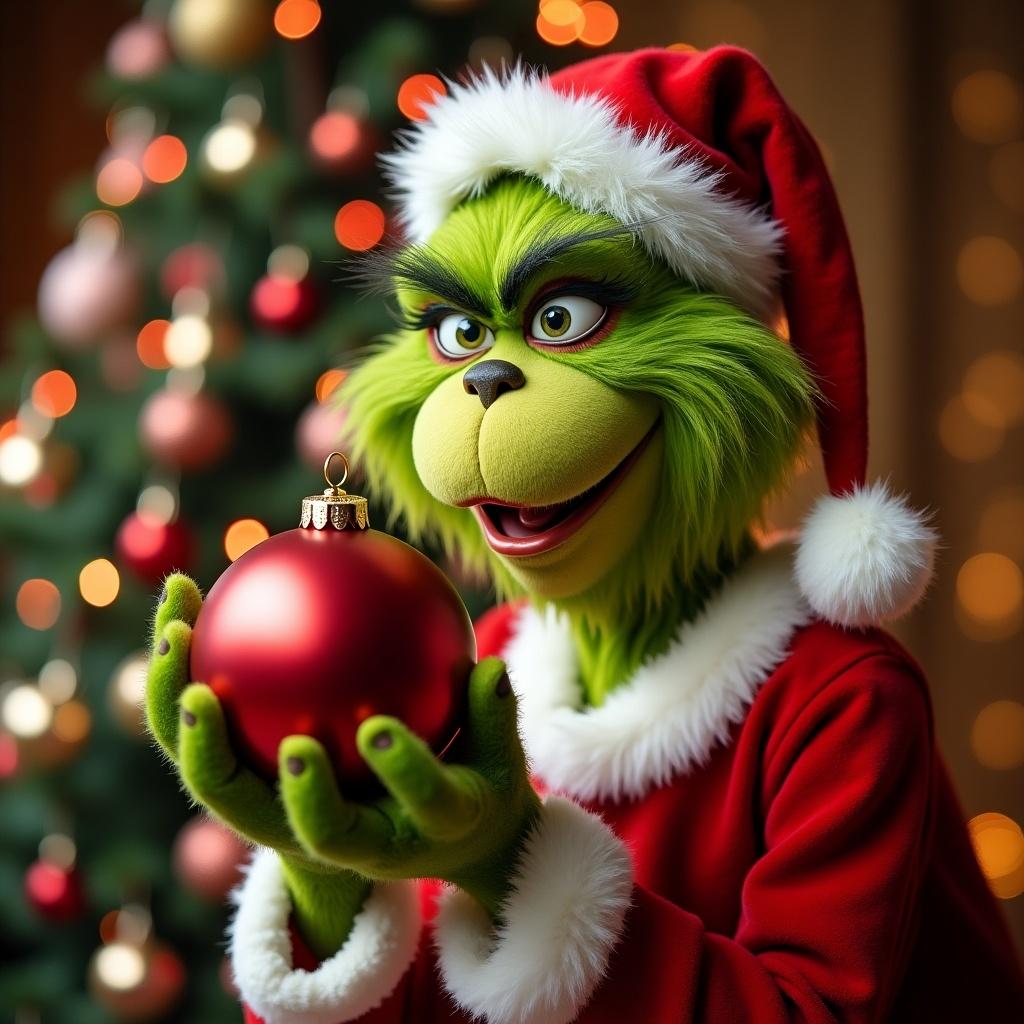 The Grinch holds a red ornament. Background features a decorated Christmas tree. Grinch wears a Santa outfit.