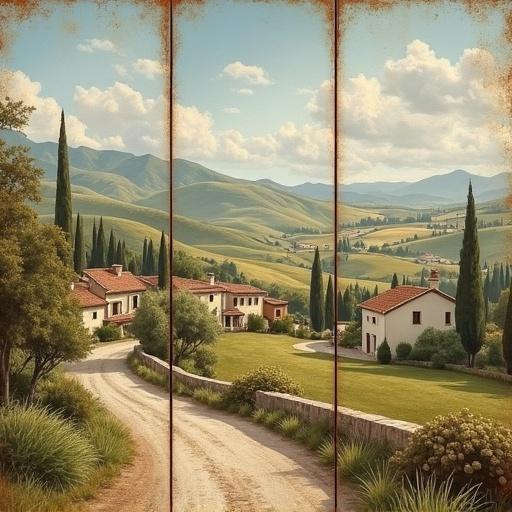 Vintage mediterranian oil painting triptych features rustic farmhouse landscapes, rolling hills, quaint village cottages. Each panel has a weathered look with soft earthy tones—greens, browns, faded blues. Visible brushstrokes mimic traditional oil painting techniques. Overall mood is serene and timeless, suitable for French country decor. Displayed as a digital mockup on a clean background.