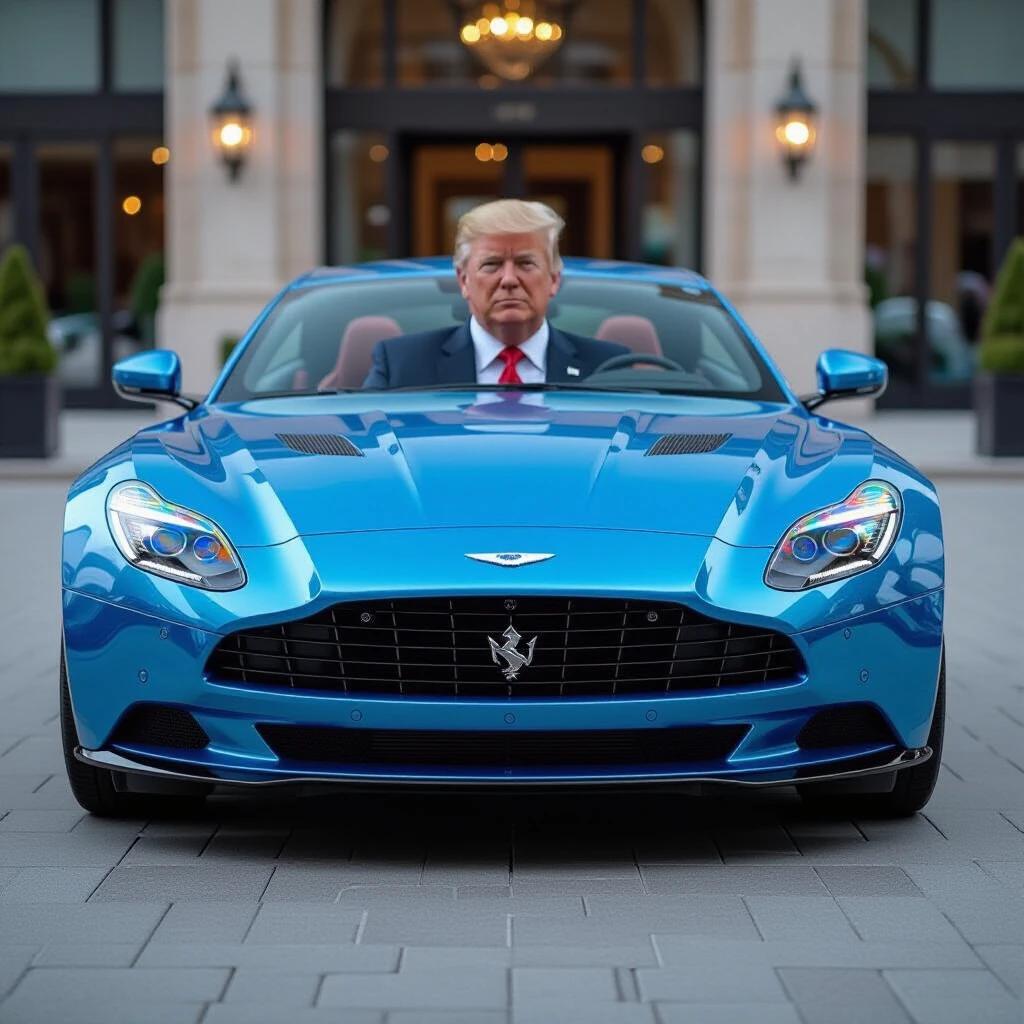 A man with blonde hair and a suit sits inside a metallic blue sports car parked in front of a building.