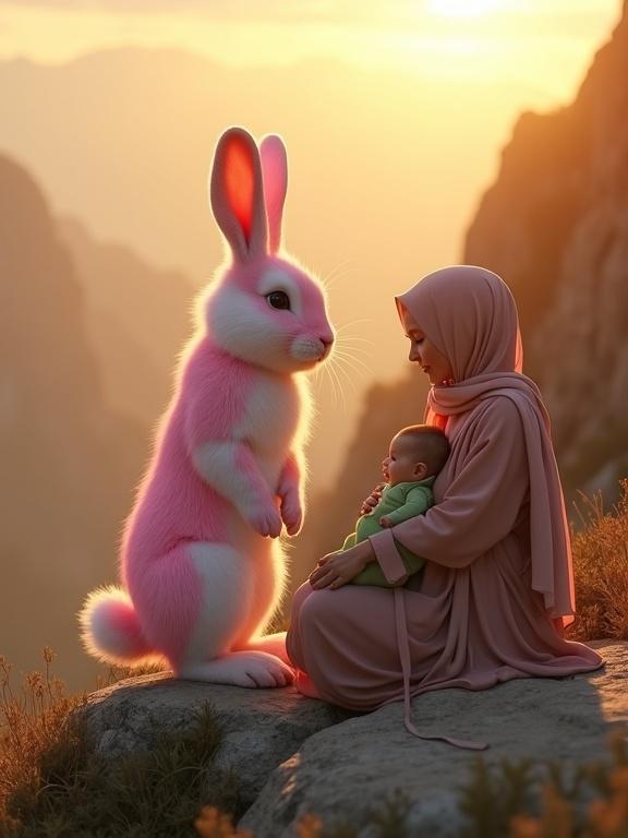 Cinematic fantasy scene on a mountain cliff at sunset. A large pink rabbit stands next to a Muslim mother with a baby. The rabbit has bright soft fur glowing in golden light. The mother is in a traditional abaya and hijab. The baby wears a green romper. The environment includes dramatic cliffs and soft clouds, filled with warm light.