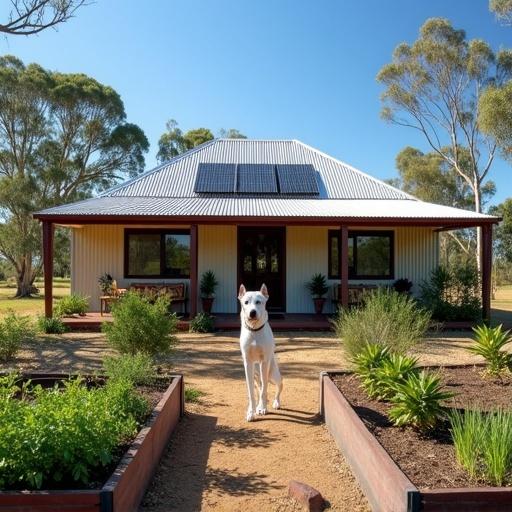 House in Queensland features a corrugated metal roof. Surrounded by a raised garden bed with vegetables. Features solar panels on the roof. Firebreak of cleared land surrounds the homestead. Background shows Queensland landscape with eucalyptus trees under a bright blue sky. Clear professional style with a white bull arab dog present.