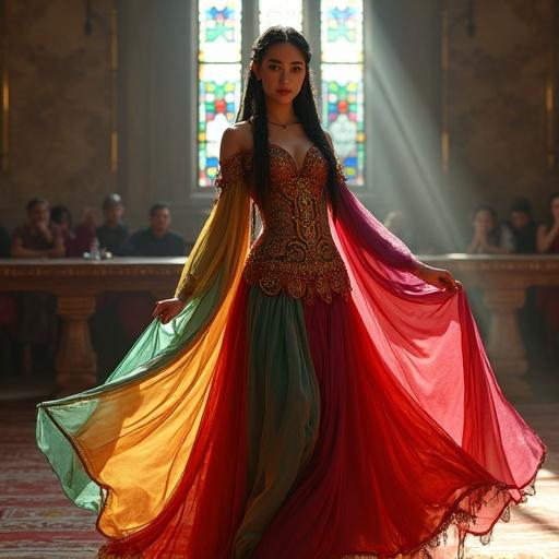 A young Romani-inspired noblewoman stands confidently in a grand council chamber. She wears a vibrantly colored gown with rich jewel tones and intricate embroidery. Light filters through stained-glass windows. The atmosphere conveys importance and tradition. Nobles gathered around listen attentively as she prepares to speak.