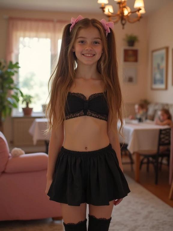 A girl stands in a living room. She has long brown hair styled in twin tails with pink bows. She wears a black crop top and a low-rise black mini skirt. The room is cozy, with soft lighting. The girl exudes youthfulness and confidence. The image has a vibrant and playful aesthetic.