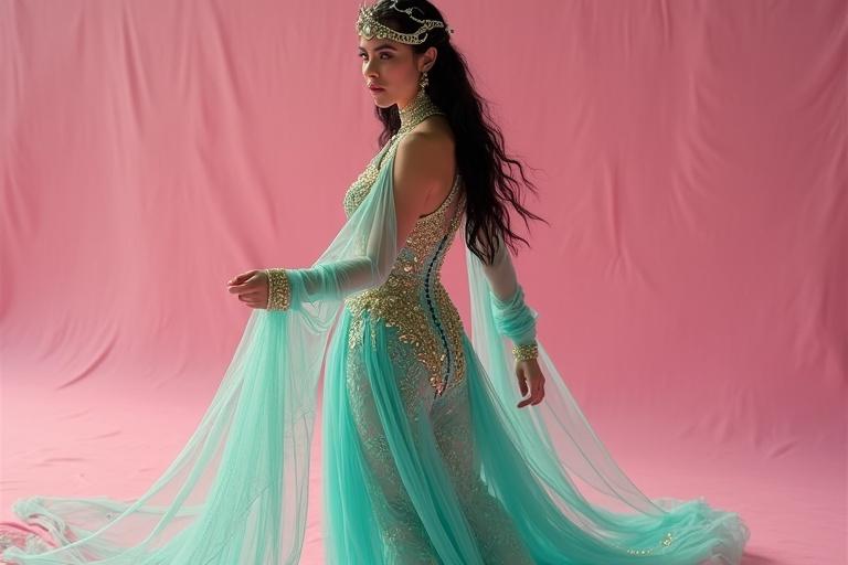 Side shot of a princess in turquoise outfit. Features ornate gold embroidery and shimmering sequins. She wears sheer overlay pants. Hair is shiny black. Deep V-neckline bordered with gold trim. Bold jeweled headpiece. Stands on a magical pink carpet. Camera at air level. Looks exhilarated.