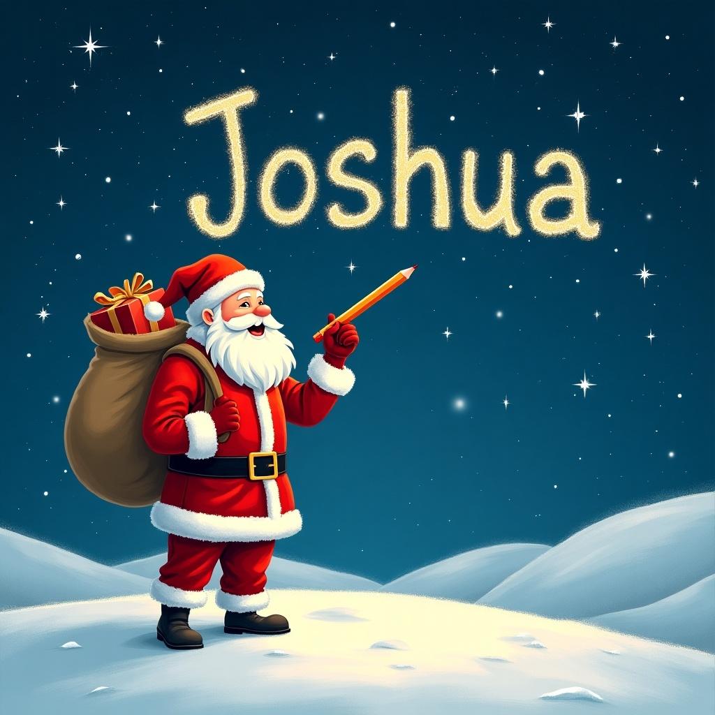 Santa Claus stands on snowy hill under starry night. He is writing names in the sky with a pencil. He is dressed in red and white. A large sack of gifts is on his back. The name 'Joshua' is displayed in a whimsical font.