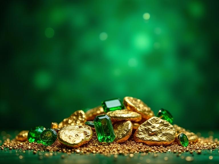 Green Irish wallpaper with a pile of gold nuggets and emeralds in a glamorous setting.