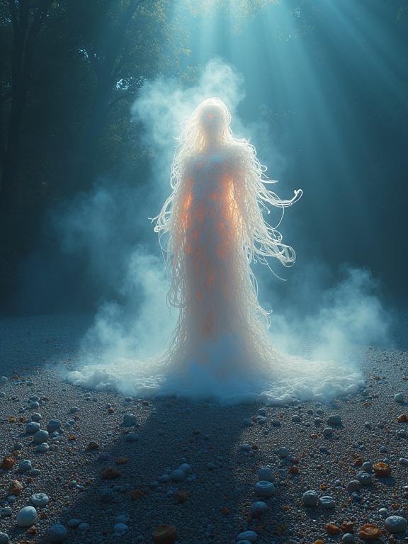 A solitary, abstract figure formed of swirling light and vapor stands in a surreal landscape. The ground is covered with detailed small objects casting sharp shadows. A dramatic long exposure technique is used. Caustic light patterns shimmer across surfaces. Bright colors contrast with deep shadows. The scene features a dolly zoom effect, causing the background to distort. Sharp focus, 8K quality.