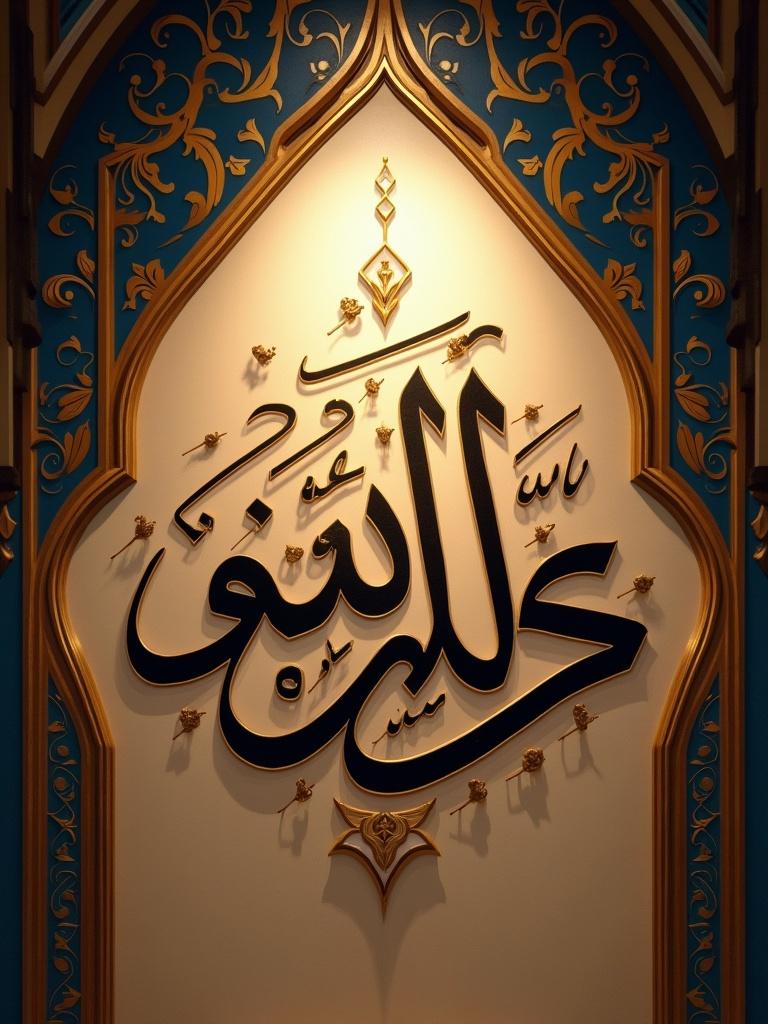 An artistic depiction of Arabic calligraphy. The name 'Ar-Rahman' (الرحمن) is elegantly scripted in Diwani style. Background features intricate geometric patterns. Golden and blue ornamental designs are prominent. Soft lighting enhances the overall sacred ambiance.