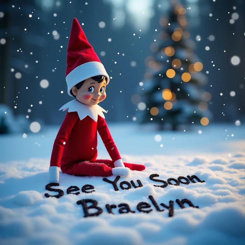 An elf on the shelf is depicted writing the words 'See You Soon Braelyn' in the snow outside. The elf wears a classic red outfit with white trim and has an engaging smile. In the background, there are northern lights adding to the festive atmosphere. The snowy landscape creates a tranquil winter scene filled with holiday charm. This setup embodies the holiday spirit and showcases the beloved tradition of the Elf on the Shelf.