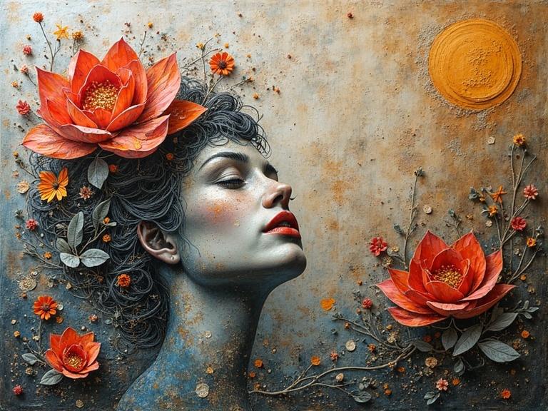 A mixed media 3D oil painting features a woman's profile adorned with large red lotus flowers. The artwork combines various materials like newspaper and jute fibers, showcasing rich textures. The composition highlights beautiful colors and depth, creating a magical feel.