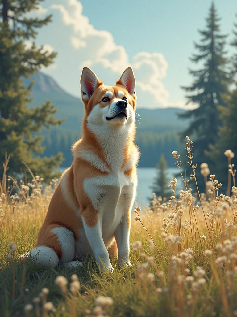 A dog sitting in a field of flowers with a scenic background of mountains and a lake. The dog has orange and white fur, looking leisurely and calm. Its surroundings include tall grass, trees, and a clear sky with fluffy clouds.