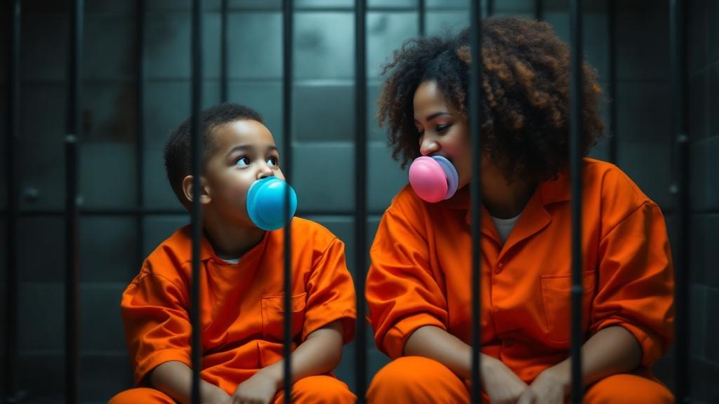 Mother and son in jail cell. Both wear orange jumpsuits. They have large pacifiers in their mouths. The mother shares prison rules playfully. The son shows a drawing of them. She compares their time in jail. They are happy about their time together behind bars.