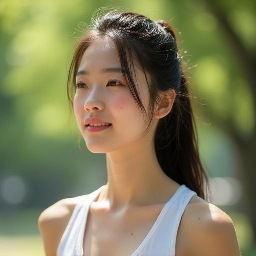 A young Chinese woman catching breath after jogging in a city park. Hair damp, forehead sweaty. Cheeks have faint flush, collarbone shines from sweat. Mascara slightly smudged. Sunlight filters through leaves, highlighting freckles on nose. She wears a white tank top, a strand of hair beside her smiling mouth.
