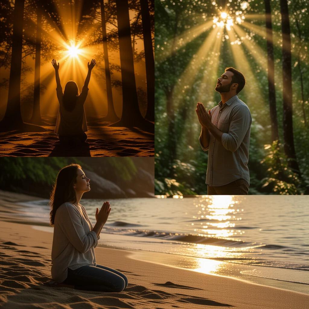 Realistic cinematic scene of people praying with deep faith. Woman kneeling in sand by the sea at sunset, hands raised to the sky. Man standing in a forest, divine light rays through trees, eyes closed in prayer. Atmosphere of peace, reverence, expressions of faith, soft light, warm colors.