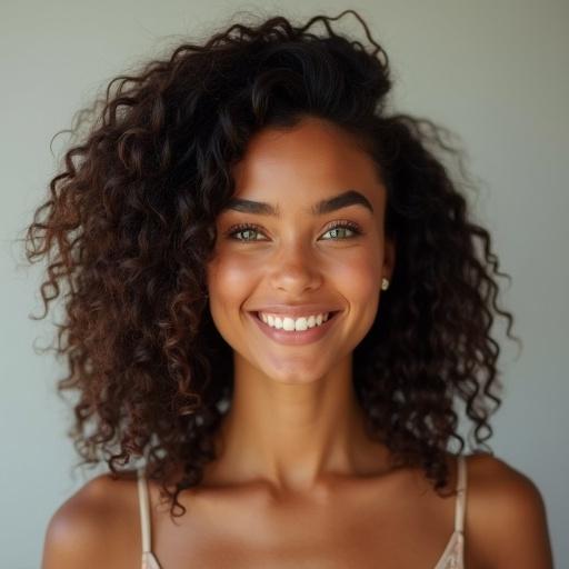 Realistic portrait of a young woman with radiant brown skin and curly dark brown hair. She has green eyes and wears trendy clothes with light natural makeup. The background is neutral with soft lighting.